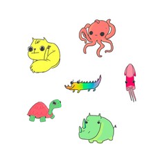 Colorful Cute Cartoon Happy set doodle animal isolated in white background. Cat Dog Hippo Rhino Crocodile. Cute characters for t-shirt printing