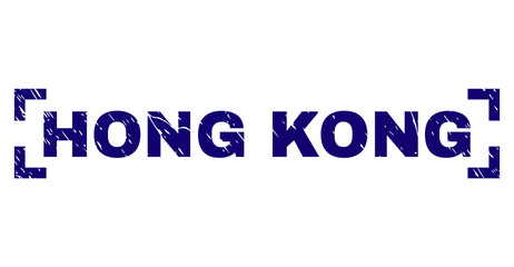 HONG KONG label seal print with distress texture. Text label is placed inside corners. Blue vector rubber print of HONG KONG with unclean texture.