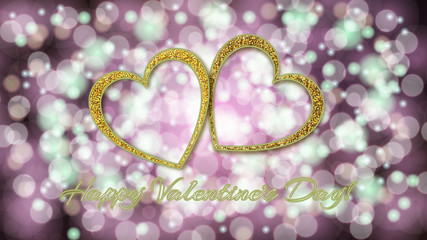 Two beautiful golden shiny beautiful hearts with love inscription Valentine's Day and neon effect on a purple pink background with bokeh effect. Vector illustration