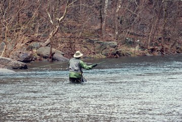 Fly Fishing in River during winter