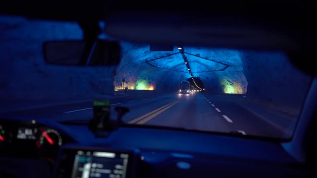 Car Driving Through laerdal Tunnel in the Norway.
