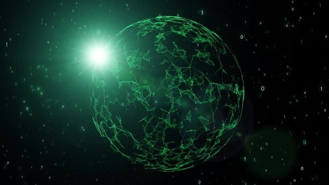 Green Digital Binary Data Around Sunny Globe In The Abstract Computer Cyberspace.