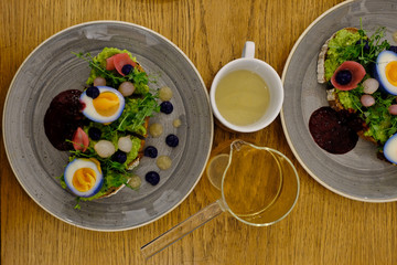 Avocado toasts with pickled eggs, brunch in Budapest