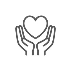 Hands hold heart, charity, donation, valentine day line icon.