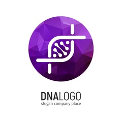 DNA logo in circle with violet polygonal texture. Isolated Deoxyribonucleic acid logotype on white background. 25 april world genetic day icon
