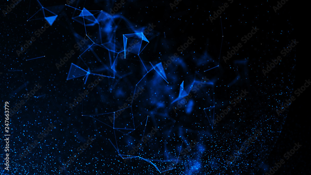 Poster virtual form of connecting particles in the blue space. big data visualization. science. futuristic 