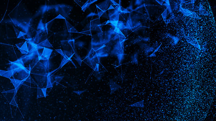 Virtual form of connecting particles in the blue space. Big data visualization. Science. Futuristic polygonal background. Business. 3D rendering.