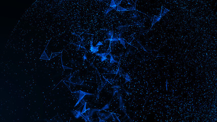 Virtual form of connecting particles in the blue space. Big data visualization. Science. Futuristic polygonal background. Business. 3D rendering.
