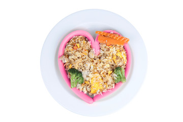 Isolated of  pink sausage with pork  topped carrot and Broccoli on white plate.