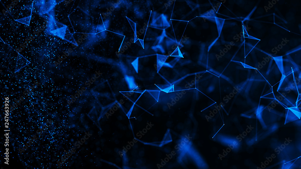 Poster virtual form of connecting particles in the blue space. big data visualization. science. futuristic 