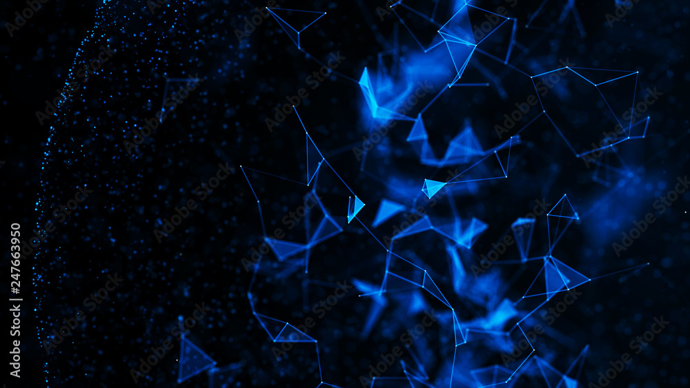 Poster virtual form of connecting particles in the blue space. big data visualization. science. futuristic 