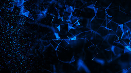 Virtual form of connecting particles in the blue space. Big data visualization. Science. Futuristic polygonal background. Business. 3D rendering.