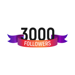 3000 followers number with color bright ribbon isolated vector icon