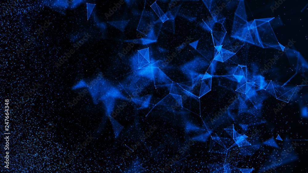 Poster virtual form of connecting particles in the blue space. big data visualization. science. futuristic 