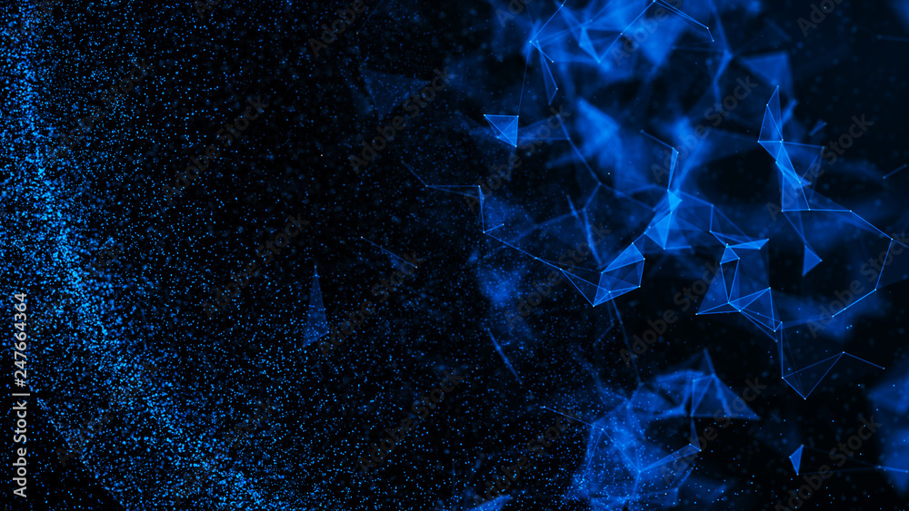 Poster virtual form of connecting particles in the blue space. big data visualization. science. futuristic 