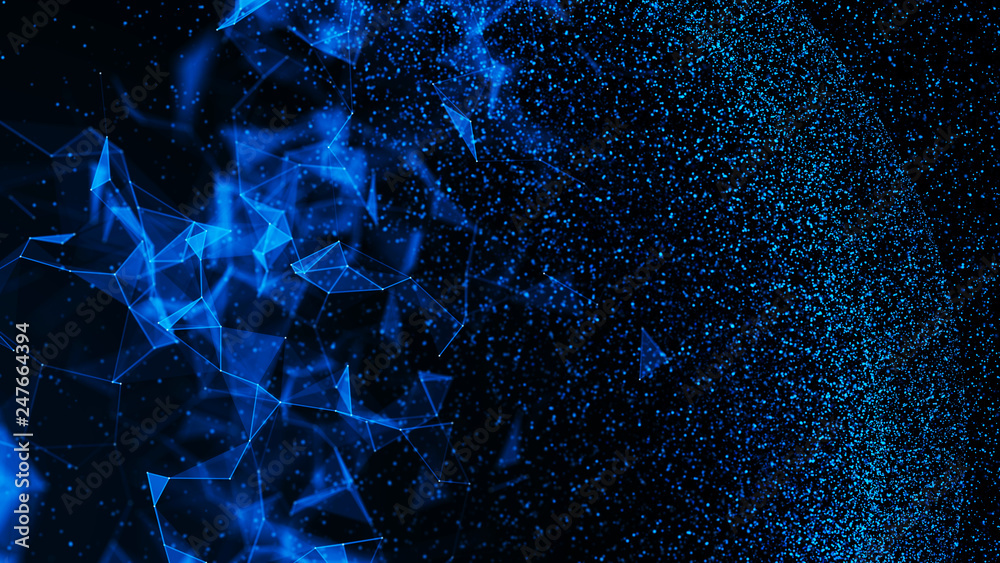 Poster virtual form of connecting particles in the blue space. big data visualization. science. futuristic 