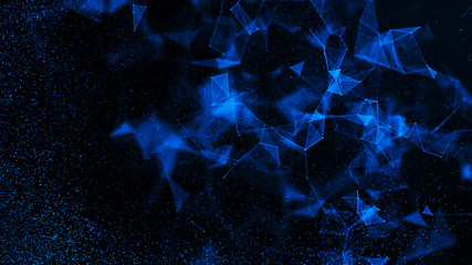 Virtual form of connecting particles in the blue space. Big data visualization. Science. Futuristic polygonal background. Business. 3D rendering.