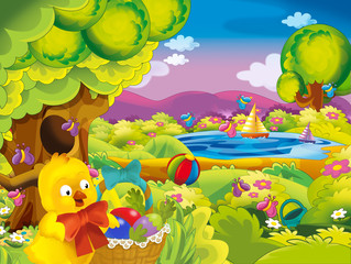 Fototapeta na wymiar cartoon spring nature background with chick and space for text - illustration for children