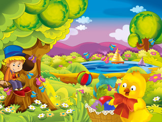 cartoon happy and funny scene with kid and chick in the park having fun - illustration for children