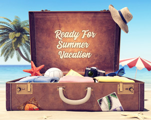 Ready for summer holidays - Suitcase with accessories and backdrop space 3D Rendering