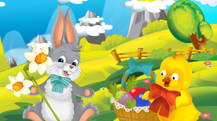 cartoon happy easter rabbit and chick with beautiful flowers on nature spring background - illustration for children
