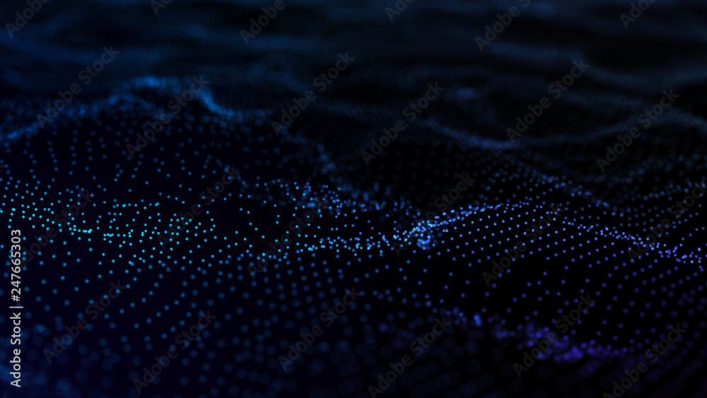 Poster image of the loose wave consisting of points. abstract futuristic background. blue design for backgr