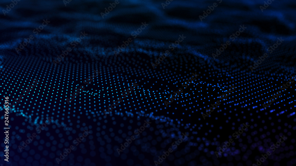 Poster image of the loose wave consisting of points. abstract futuristic background. blue design for backgr