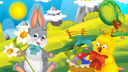 Obraz na płótnie Canvas cartoon happy easter rabbit and chick with beautiful flowers on nature spring background - illustration for children