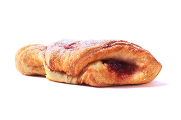 traditional hot cross bun with jam, croissant isolated on white background.