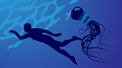 Dangerous jellyfish attacks the bather underwater, toxic poison, spores of medusa