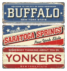 Vintage city label. Vintage tin sign collection with US cities. Buffalo. Saratoga. Yonkers. New York. Retro souvenirs or postcard templates on rust background in New York state.