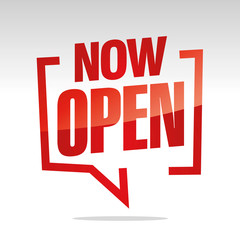 Now Open in brackets speech red white isolated sticker icon banner