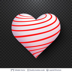 3D heart with pattern of red and white stripes.