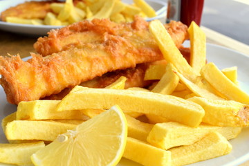 traditional english food fish and chips close view - obrazy, fototapety, plakaty