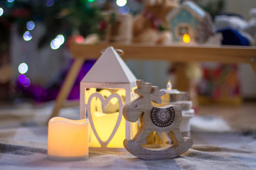 Lantern and wooden reindeer christmas decoration