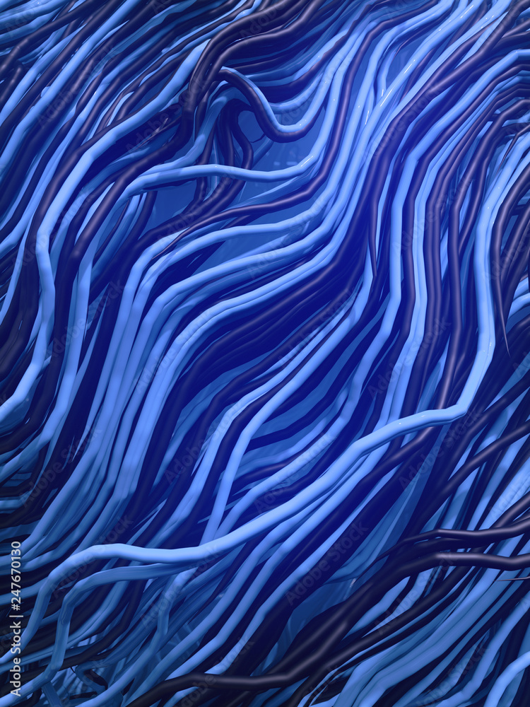 Poster Curled wire futuristic pattern surrounded by mist. Abstract colored lines flow, psychedelic background. 3D rendering