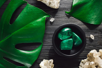 Malachite with Smoky Quartz and Monstera