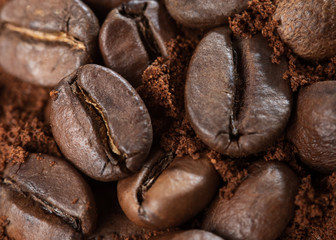 Macro photo of Coffee beans and ground coffee powder