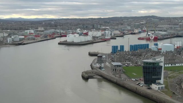 Aerial view of Aberdeen harbour on a cloudy day, Aberdeenshire, Scotland