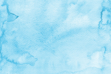 Watercolor blue texture with abstract washes and brush strokes on the white paper background. Digital paper background.