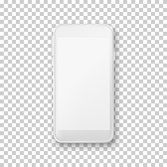 Smartphone mockup template. Vector realistic 3d illustration of white plastic mobile phone on transparent background.