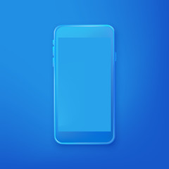 Smartphone mockup design. Vector realistic 3d illustration of blue plastic mobile phone on blue gradient background.