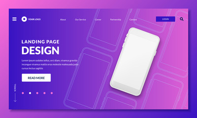 Landing page, banner template. White smartphone 3d illustration, mockup for mobile interface. Vector layout design