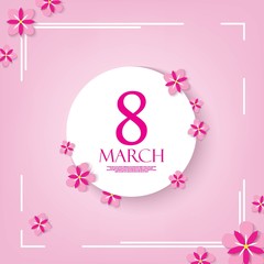 Paper cut 8 March. Pink Flowers and White Lines on Pink Background Vector Design. International Women's Day Background Template