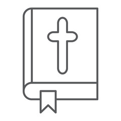 Bible thin line icon, church and religion, book with cross sign, vector graphics, a linear pattern on a white background.