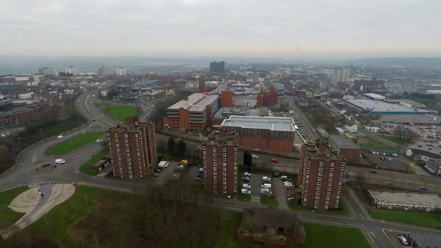 Aerial Footage View Of High Rise Tower Blocks, Flats Built In The City Of Stoke On Trent To Accommodate The Increasing Population, Council Housing Crisis