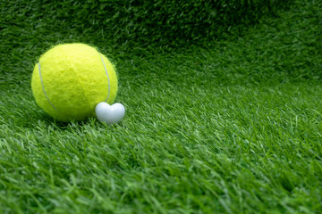Tennis ball with white heart shape on green grass