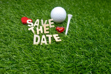 Golf save the date with golf ball and tee for golfer's wedding invitation