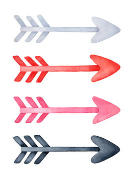 Tribal arrows watercolor illustration set. Red, pink, black and gray colored. Handdrawn water colour painting on white background, cutout decorative clipart elements for design, prints, decoration.