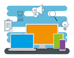 computer with laptop and tablet technology to business report